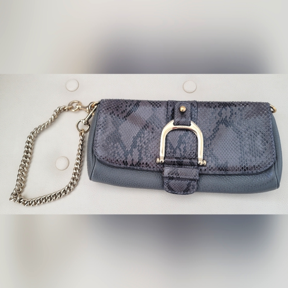 GUCCI GRAY PYTHON GREENWICH CLUTCH WITH SHOULDER STRAP
